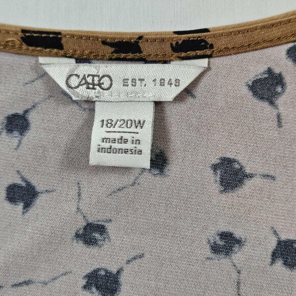 Cato Mixed Fabric Top Tan Black Floral Print Long Net Sleeves Women's Size 18/20 - Picture 4 of 11